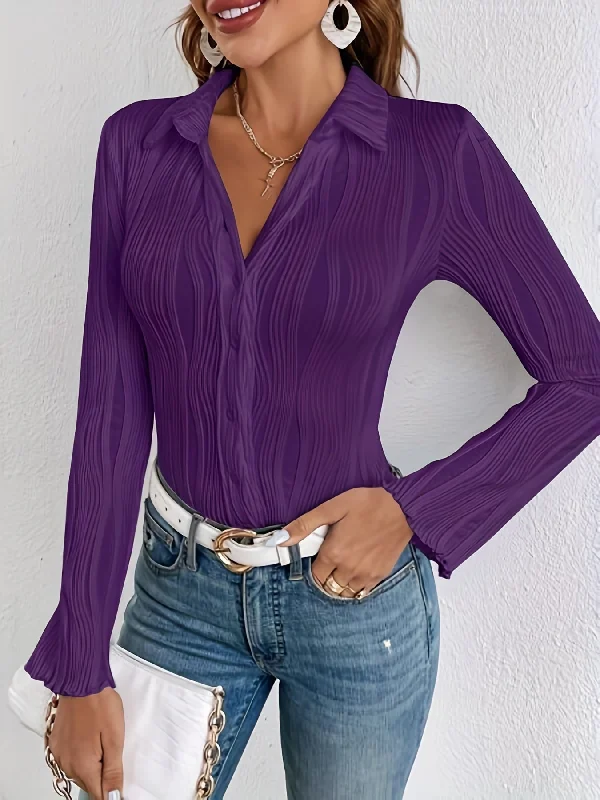 Sixsr Solid Button Front Shirt, Casual Long Sleeve Shirt For Spring & Fall, Women's Clothing