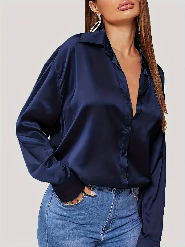 Sixsr Plus Size Casual Blouse, Women's Plus Solid Satin Button Up Long Sleeve Turn Down Collar Blouse