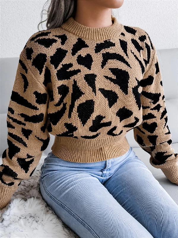 Sixsr Leopard Print Crop Sweater, Casual Crew Neck Long Sleeve Sweater, Casual Tops For Fall & Winter, Women's Clothing