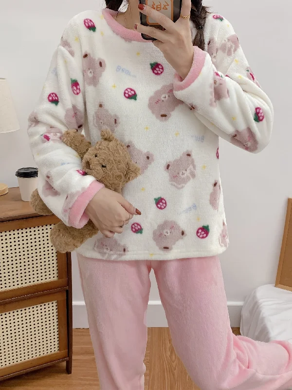 Sixsr Cute Teddy Bear Warm & Thermal Loungewear , Long Sleeve Pullover Pajama Tops & Pants For Valentine's Gifts, Women's Sleepwear & Loungewear