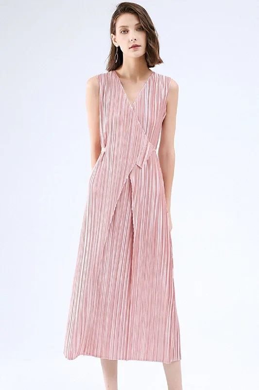 Fully Pleated Glossy Tie-Strap Dress