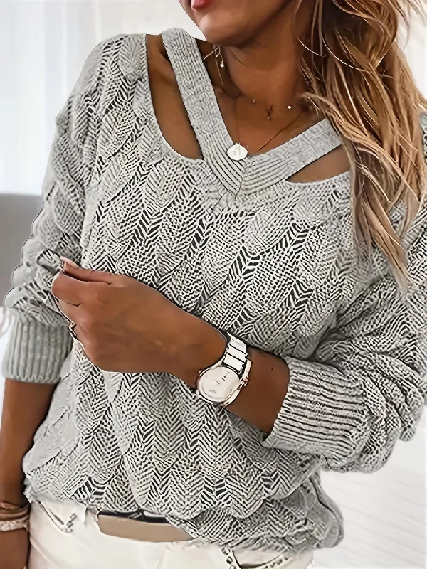 Sixsr Cut Out Solid Knit Sweater, Casual V Neck Long Sleeve Sweater, Women's Clothing