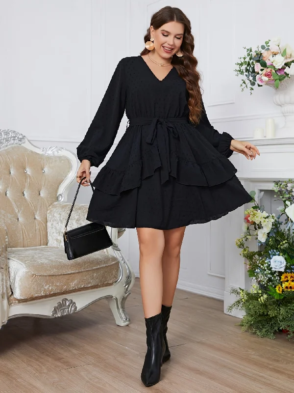 Sixsr Plus Size V Neck Long Sleeve Belted Midi Dress, Women's Plus Elegant Peplum Going Out Elegant Midi Dress