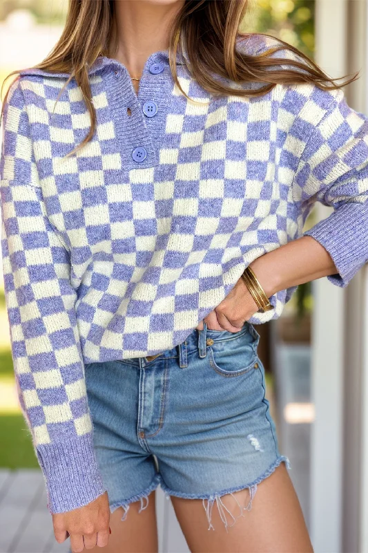 Checkered Collared Neck Long Sleeve Sweater