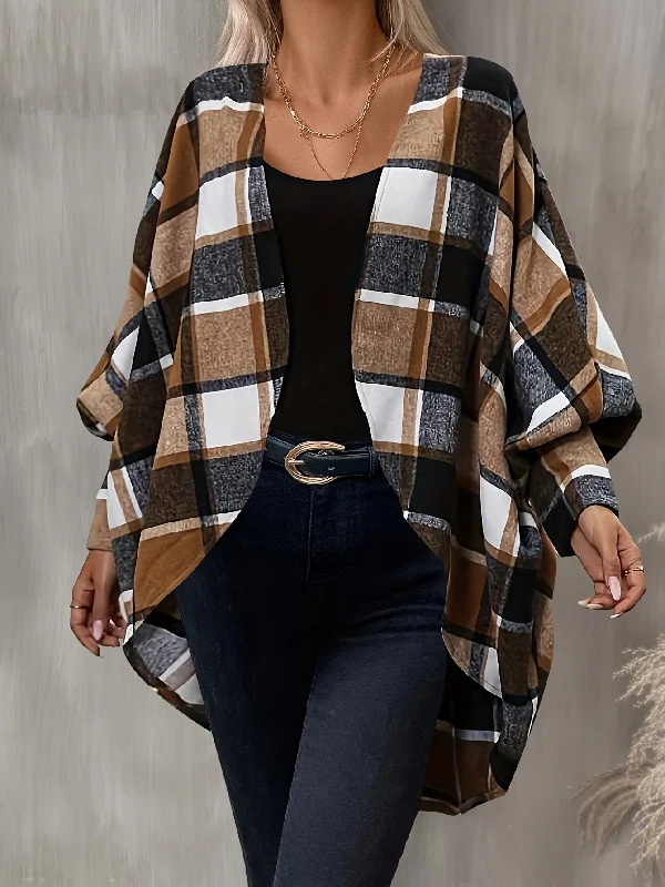 Sixsr Plaid Print Open Front Cardigan, Batwing Cuff Sleeve Dipped Hem Cardigan For Spring & Fall, Women's Clothing