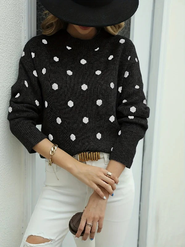 Sixsr Polka Dot Crew Neck Pullover Sweater, Casual Long Sleeve Sweater For Fall & Winter, Women's Clothing