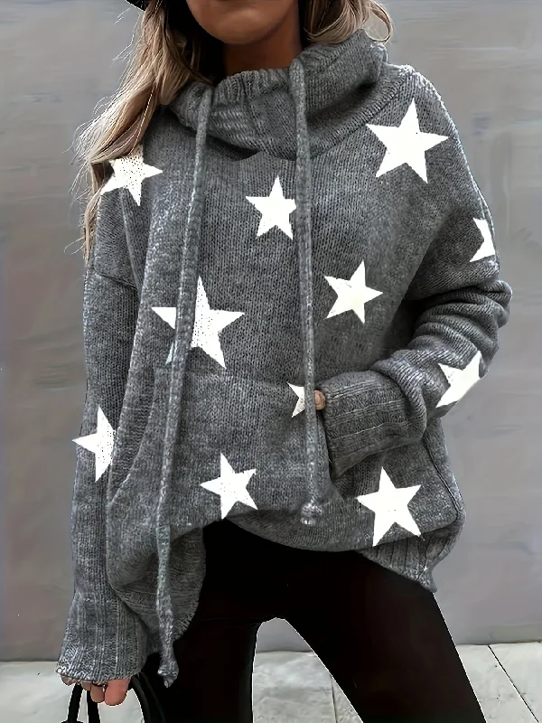 Sixsr Plus Size Casual Sweater, Women's Plus Star Print Long Sleeve Drawstring Hoodie Sweater With Pockets