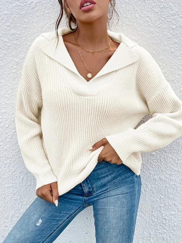 Sixsr Solid Rib Knit Sweater, Casual Drop Shoulder Long Sleeve Sweater, Women's Clothing