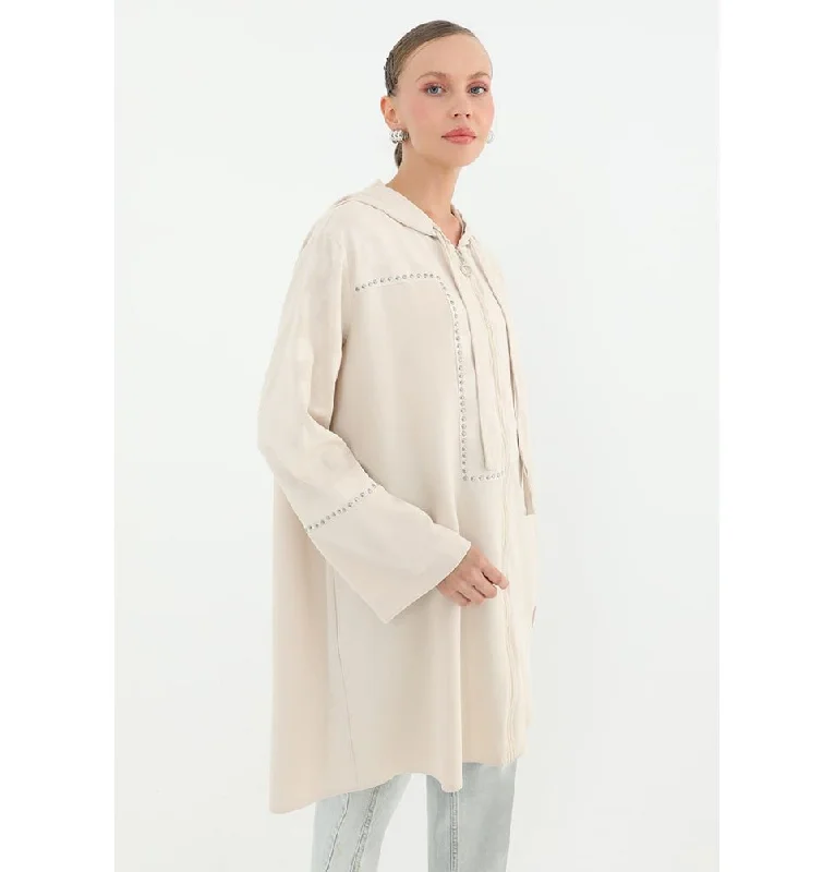 Modern Muslim Women's Embellished Zip Up Hoodie Tunic - 10445 Beige