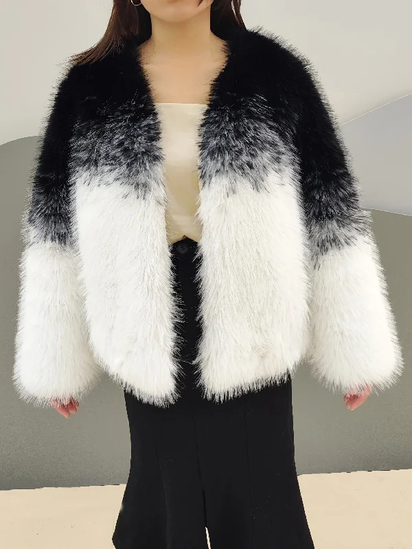 Sixsr Thermal Color Block Faux Fur Coat, Elegant Long Sleeve Open Front Coat, Women's Clothing