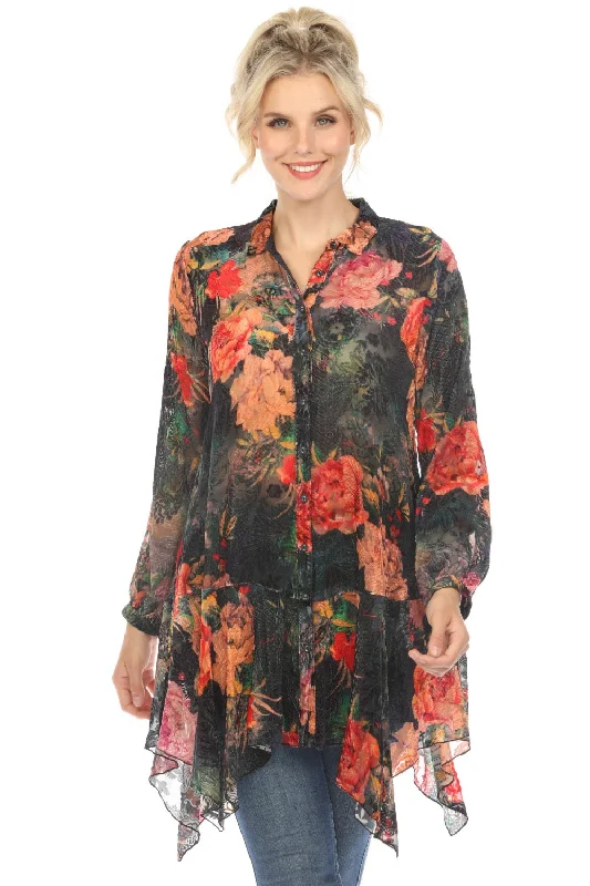 Johnny Was Floral Button Front Asymmetric Tunic Blouse Boho Chic C21724A8