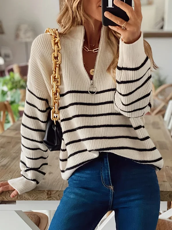 Sixsr Striped Zip Turtle Neck Pullover Sweater, Casual Long Sleeve Loose Sweater, Women's Clothing