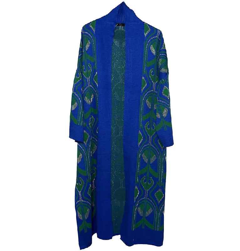 Modest Muslim Women’s Abstract Turkish Tulip Long Knitted Cardigan - Blue & Green