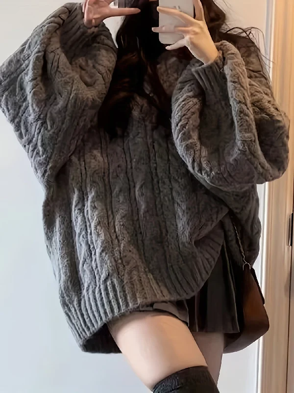 Sixsr Solid Chunky Cable Knit Pullover Sweater, Vintage Long Sleeve Thick Oversized Sweater, Women's Clothing