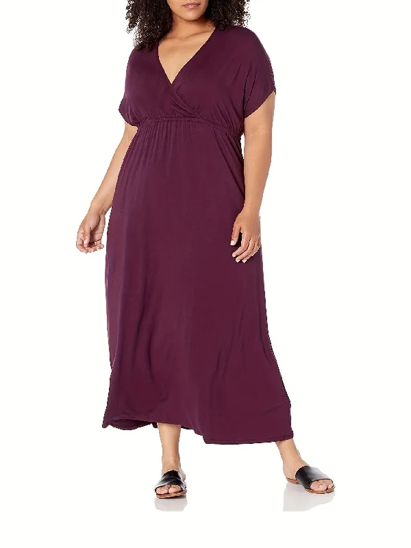 Sixsr Plus Size Casual Dress, Women's Plus Solid Bat Sleeve Surplice Neck Nipped Waist Ruched Medium Stretch Maxi Dress