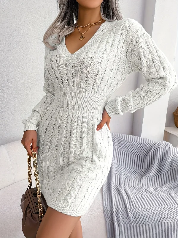 Sixsr Plus Size Elegant Dress, Women's Plus Solid Long Sleeve V Neck Nipped Waist High Stretch Bodycon Midi Sweater Dress