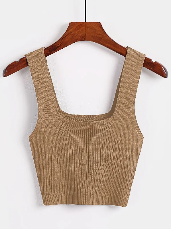 Sixsr Solid Cropped Rib Knitted Vest, Elegant Sleeveless Summer Stretchy Vest, Women's Clothing