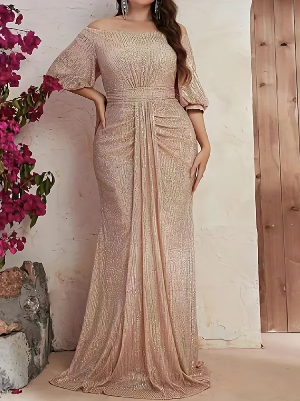 Sixsr Plus Size Elegant Bridesmaid Dress, Women's Plus Sequin Off Shoulder Puff Sleeve Mermaid Hem Maxi Formal Dress