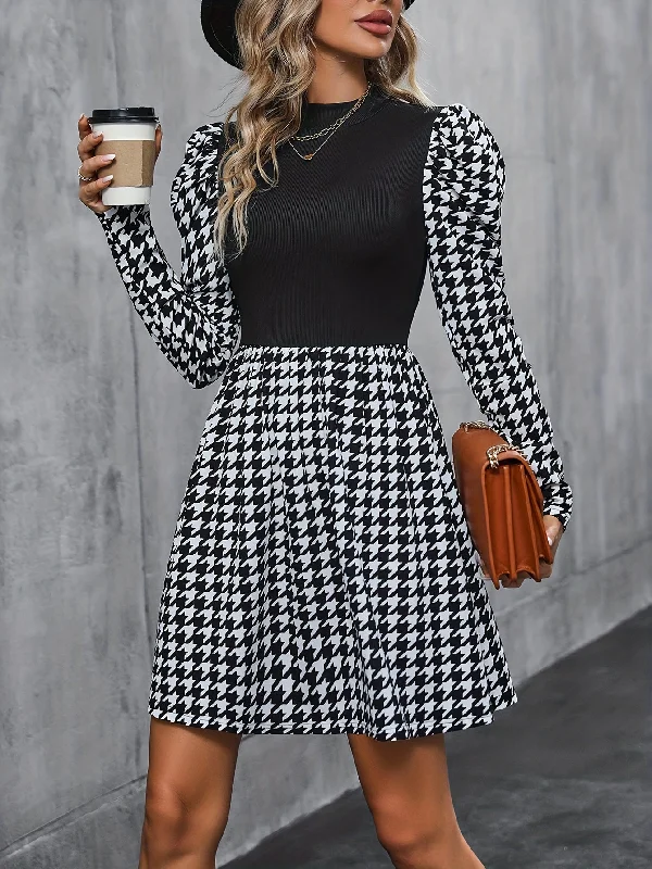 Sixsr Houndstooth Print Ruched Dress, Elegant Long Sleeve Mini Dress, Women's Clothing