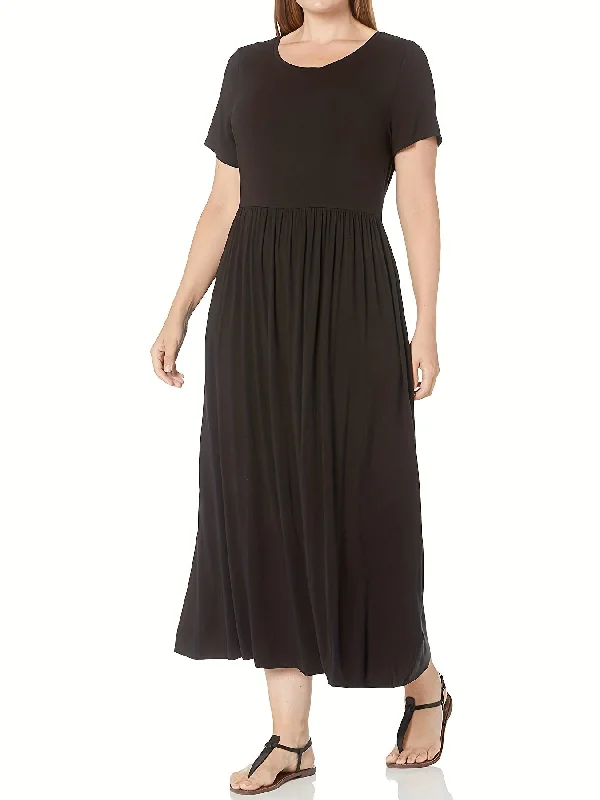 Sixsr Plus Size Casual Dress, Women's Plus Plain Ruched Short Sleeve Round Neck Medium Stretch Maxi Dress