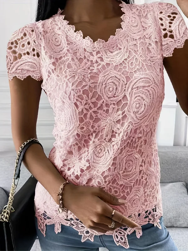 Sixsr Lace Crew Neck T-Shirt, Elegant Short Sleeve T-Shirt For Spring & Summer, Women's Clothing