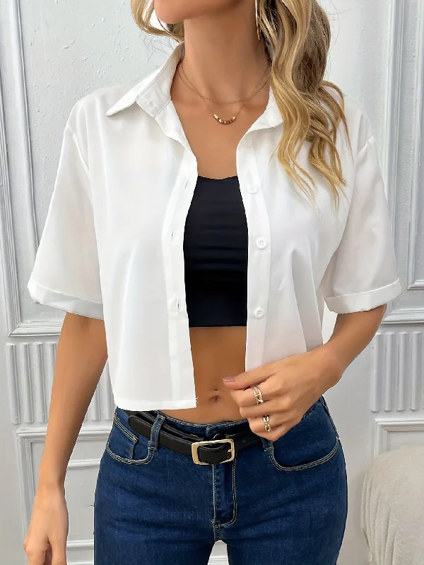 Sixsr Solid Cropped Shirt, Casual Button Front Drop Shoulder Short Sleeve Shirt With A Collar, Women's Clothing