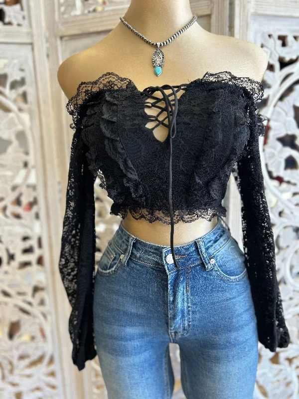 Black Lace Tie Up Off Shoulder Crop