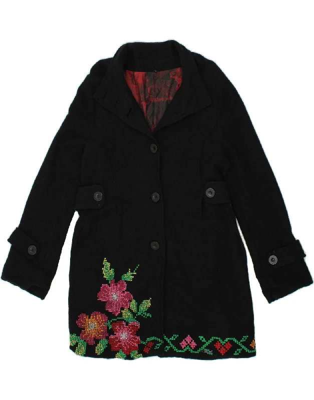 DESIGUAL Womens Overcoat EU 42 Large Black Floral Wool