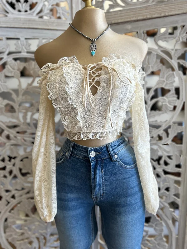 Cream Lace Tie Up Off Shoulder Crop