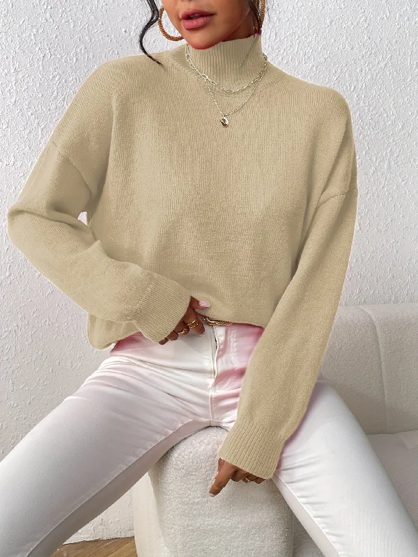 Sixsr Solid Mock Neck Knit Sweater, Casual Drop Shoulder Long Sleeve Sweater, Women's Clothing