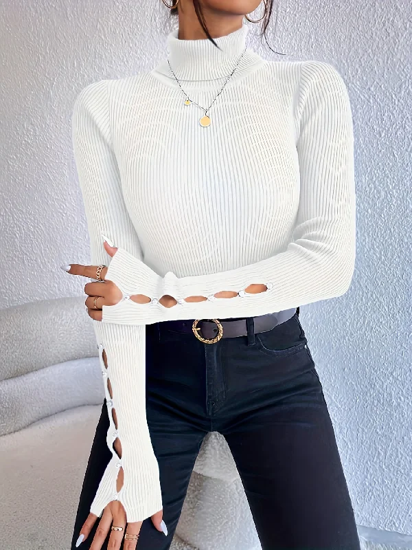 Sixsr Beaded Cut Out Turtle Neck Pullover Sweater, Elegant Long Sleeve Slim Rib Knit Sweater, Women's Clothing