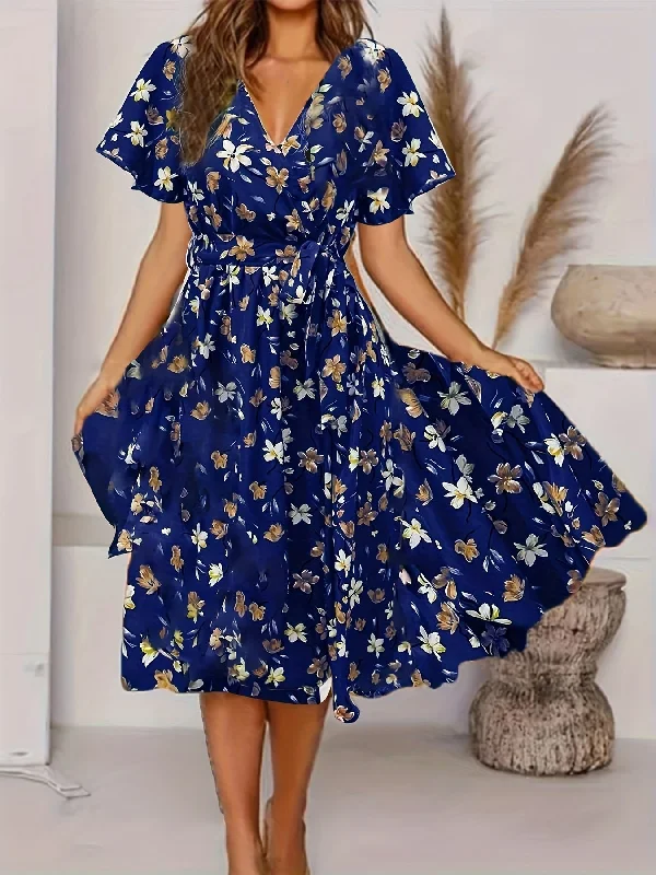 Sixsr Floral Print V Neck Dress, Elegant Knot Pleated Short Sleeve Dress, Women's Clothing