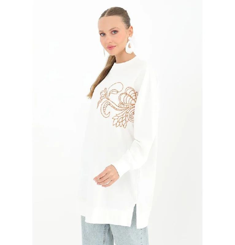 Modest Muslim Women's Beaded Floral Sweatshirt - 10449 White