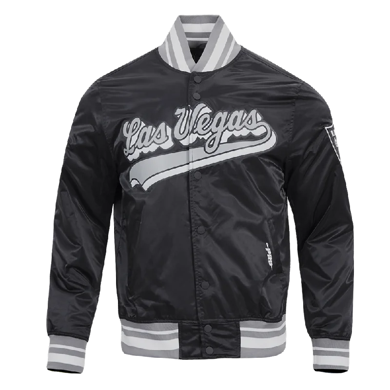 NFL LAS VEGAS RAIDERS SCRIPT TAIL MEN'S RIB SATIN JACKET (BLACK/GRAY)