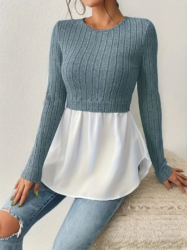 Sixsr 2 In 1 Ribbed Paneled Crew Neck T-Shirt, Casual Long Sleeve Top For Spring & Fall, Women's Clothing