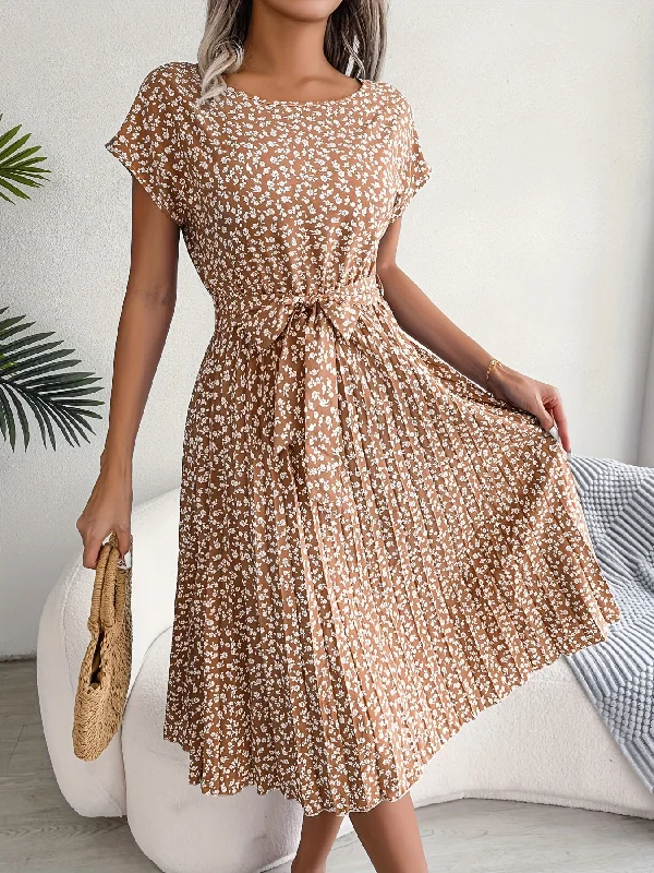 Sixsr Stylish Floral Print Belted Dress, Crew Neck Short Sleeve Dress, Casual Every Day Dress, Women's Clothing