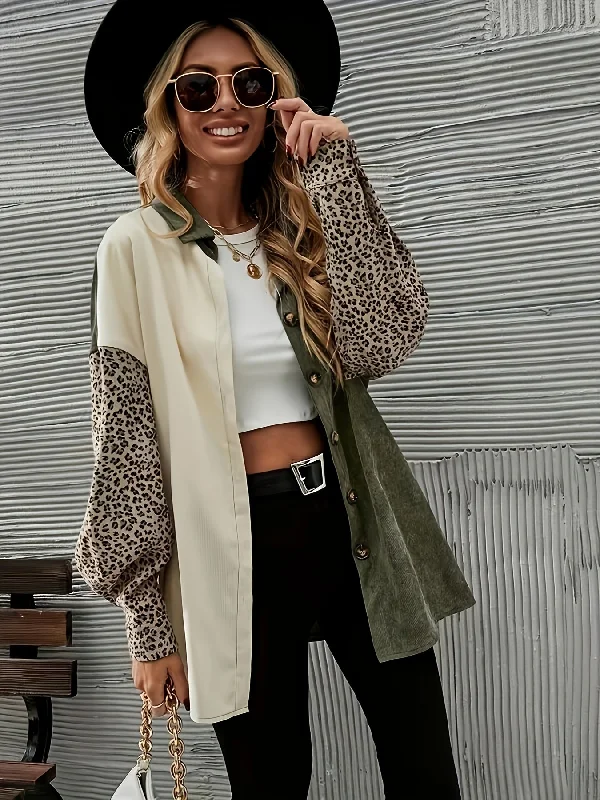 Sixsr Leopard Print Color Block Jacket, Casual Flap Pockets Lantern Sleeve Outwear For Spring & Fall, Women's Clothing