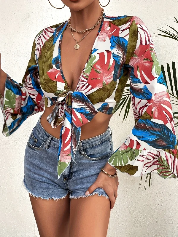 Sixsr Botanical Print Deep V Crop Top, Casual Colorblock Front Tie Ruffles Sleeve Blouse, Women's Clothing