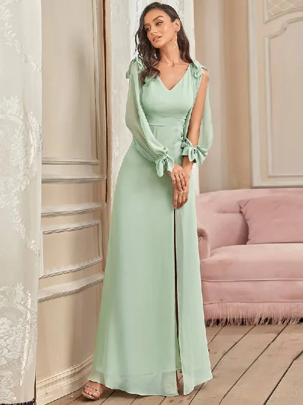 BerriesJam - Long A-LINE V-Neck Full Sleeves Chiffon Bridesmaid Dress