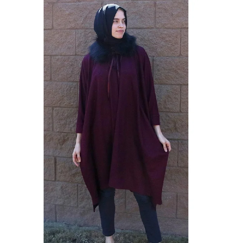 Puane Wool Touch Poncho Coat with Fur 3113 Maroon