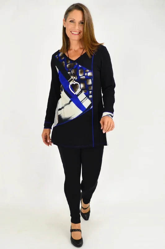 Black Blue Pattern Tunic Top