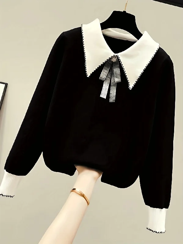 Sixsr Long Sleeve Shirt Collar Sweater, Spring & Fall Elegant Casual Warm Sweater, Women's Clothing