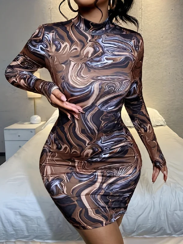 Sixsr Abstract Ripple Print Dress, Sexy Mock Neck Long Sleeve Bodycon Dress, Women's Clothing