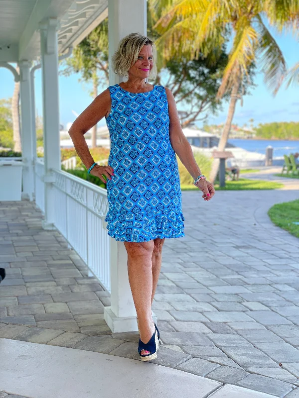 BAHAMA BLUE SHIFT RUFFLE DRESS