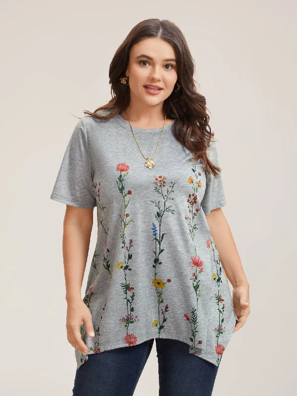 Stretchy Hi-Low Hem Floral T-Shirt