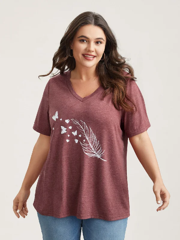 Feather Print V-Neck Fitted T-Shirt