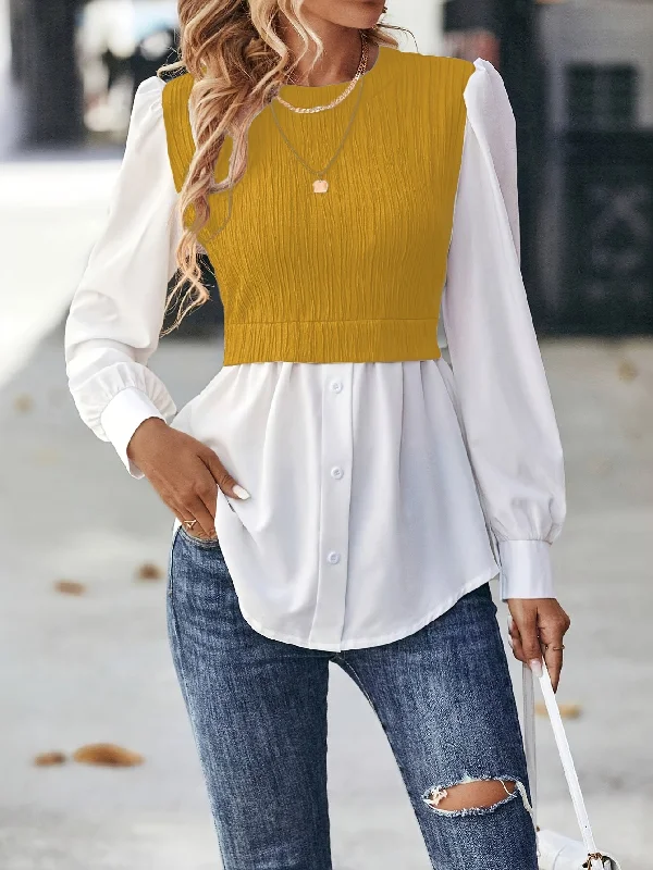 Sixsr Color Block Stitching Blouse, Elegant Crew Neck Long Sleeve Blouse, Women's Clothing