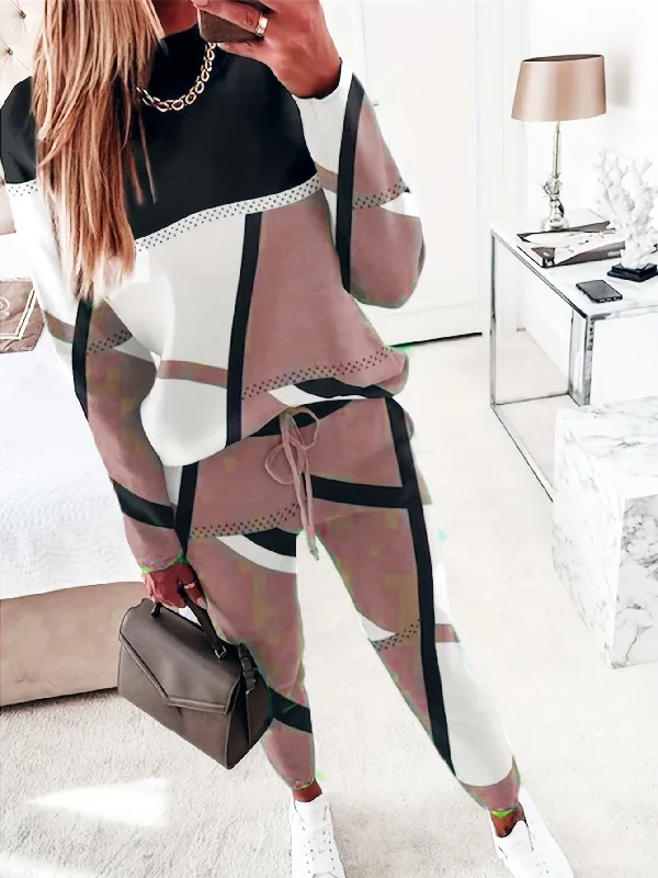 Sixsr Color Block Casual Two-piece Set, Crew Neck Long Sleeve Tops & Drawstring Long Length Pants Outfits, Women's Clothing