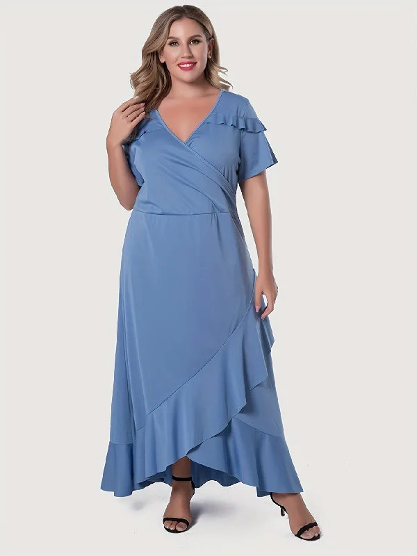 Sixsr Plus Size Elegant Dress, Women's Plus Plain Surplice Neck Ruffle Trim Short Sleeve Maxi Dress