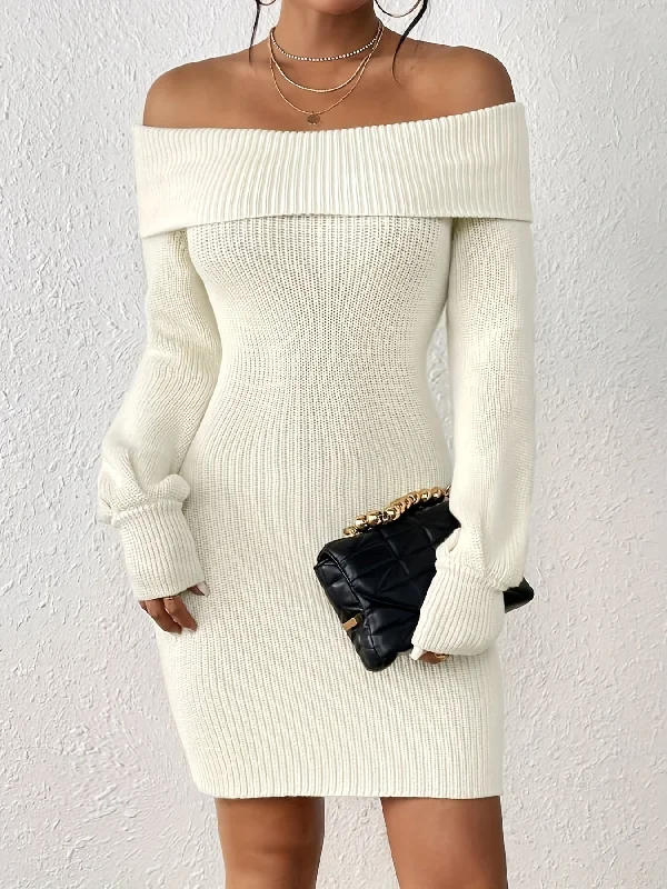 Sixsr Solid Off-shoulder Knit Dress, Elegant Long Sleeve Dress For Fall & Winter, Women's Clothing